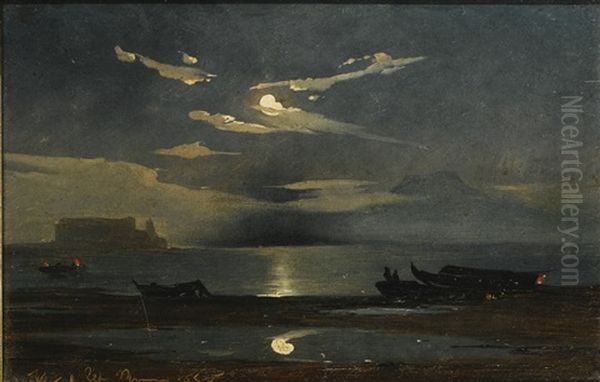 The Bay Of Naples By Moonlight, With The Castel Dell'ovo Beyond Oil Painting by Johann Jakob Frey