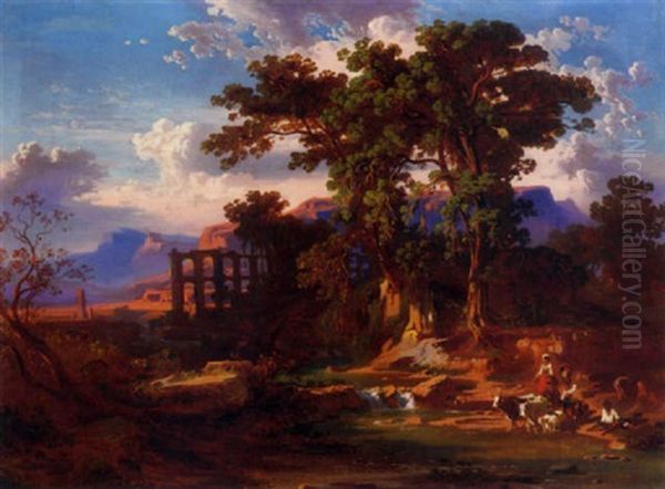 Travellers In The Roman Campagna Oil Painting by Johann Jakob Frey