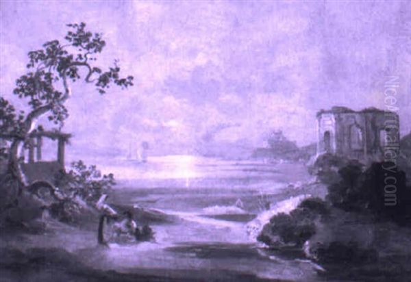 Abendstimmung Uber Italienischer Kustenlandschaft Oil Painting by Johann Jakob Frey