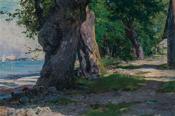 Schattenspendende Baume An Einem Seeufer Oil Painting by Wilhelm Frey