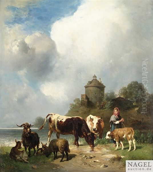 Weidende Tiere Mit Hirtin Am Seeufer Oil Painting by Wilhelm Frey