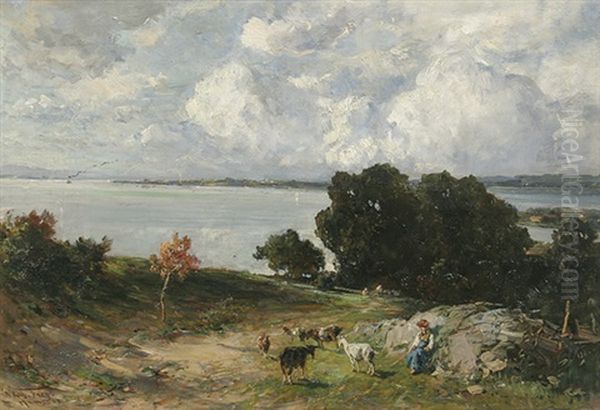 Blick Auf Die Insel Reichenau, Im Vordergrund Ein Ziegenhirte Oil Painting by Wilhelm Frey