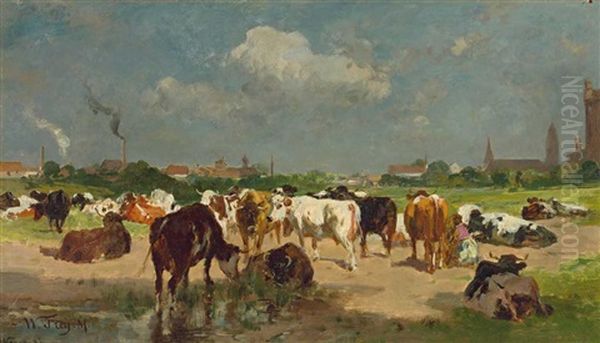 Lagernde Kuhe Vor Einer Stadt (vermutlich Karlsruhe-daxlanden) Oil Painting by Wilhelm Frey