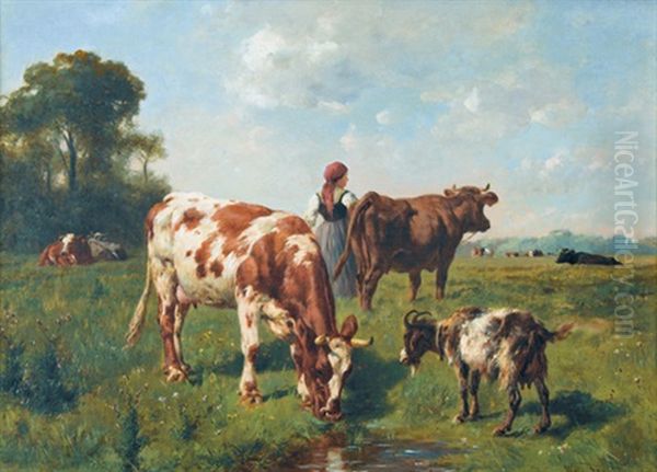 Weidenpartie Mit Vieh Und Hirtin Oil Painting by Wilhelm Frey