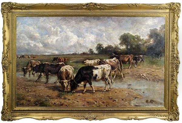 Rinderherde An Einer Wasserstelle In Weiter Landschaft Oil Painting by Wilhelm Frey