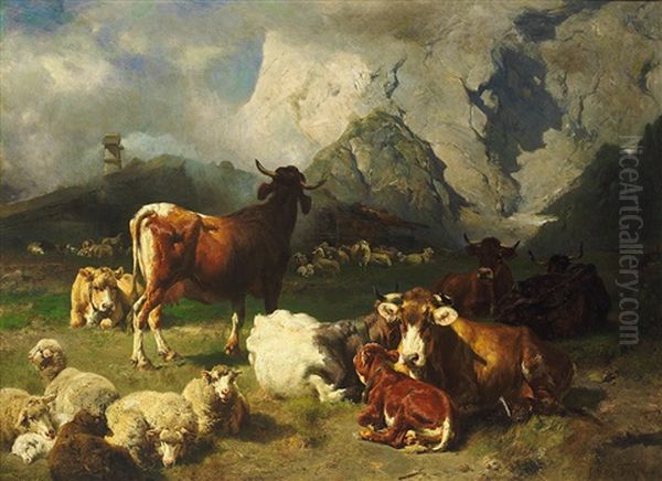 Weidelandschaft Mit Kuh- Und Schafherde Auf Einer Alpe In Tirol Oil Painting by Wilhelm Frey