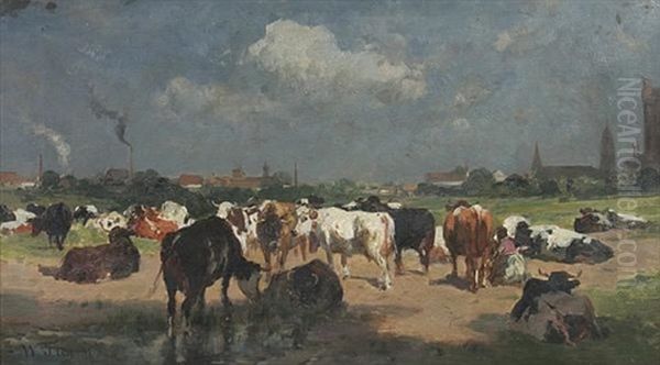 Lagernde Kuhherde Vor Einer Stadt (karlsruhe-daxlanden?) Oil Painting by Wilhelm Frey