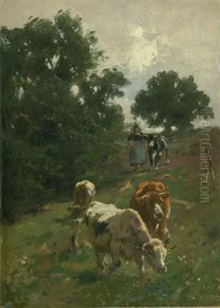 Kuhe Mit Hirtin Auf Besonnter Weide Oil Painting by Wilhelm Frey