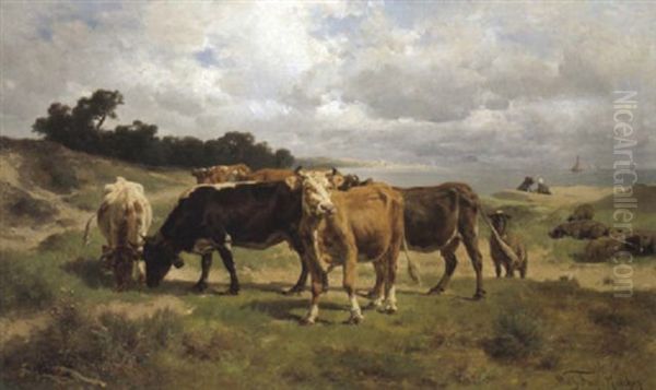 Weidende Kuhe Und Schafe Vor Kustenlandschaft Oil Painting by Wilhelm Frey
