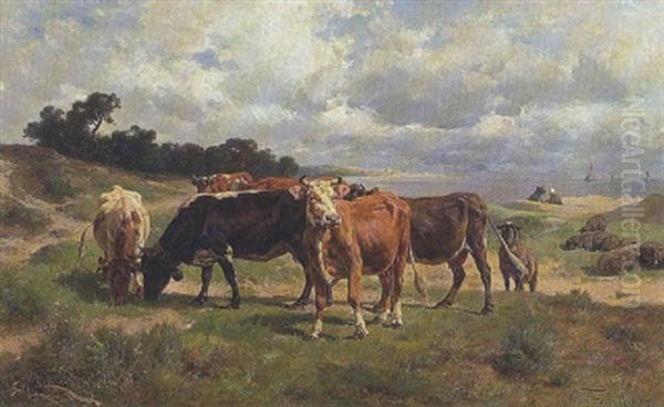 Weidende Kuhe Und Schafte Vor Kustenlandschaft Oil Painting by Wilhelm Frey