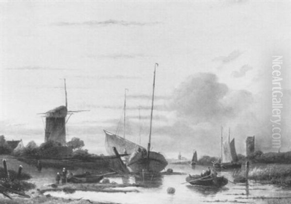 Hirtin Mit Sechs Kuhen An Der Tranke Am Ufer Eines Alpensees Oil Painting by Wilhelm Frey