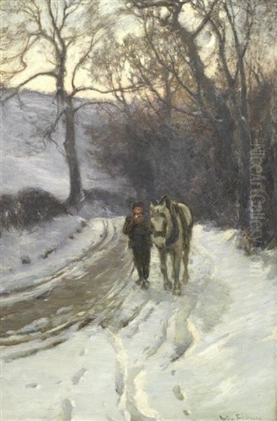 Figure And A Horse On A Snowy Lane Oil Painting by Arthur A. Friedenson