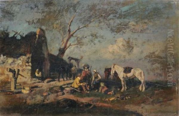 Landliche Szene Mit Rastenden Jagern Oil Painting by Alfred Ritter von Malheim Friedlaender