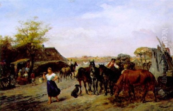 Reges Treiben Im Dorf Oil Painting by Alfred Ritter von Malheim Friedlaender