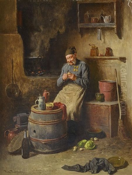 Soldier At Kitchen Work Oil Painting by Friedrich V. Malheim Friedlaender