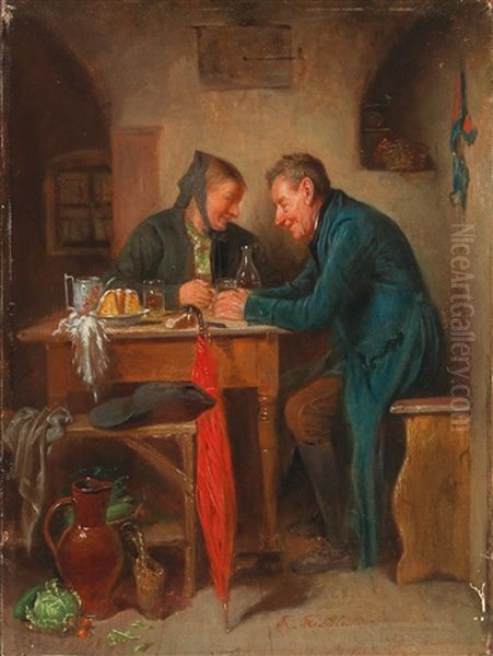 The Red Umbrella Oil Painting by Friedrich V. Malheim Friedlaender