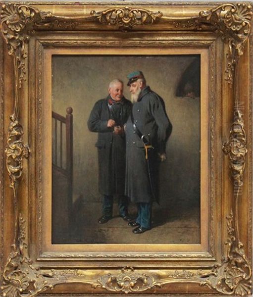 Zwei Veteranen Im Gesprach Oil Painting by Friedrich V. Malheim Friedlaender