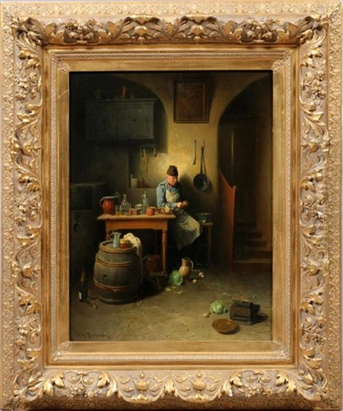Preparing The Evening Meal Oil Painting by Friedrich V. Malheim Friedlaender