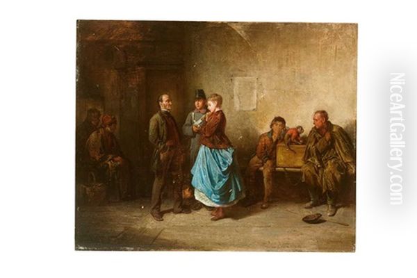 In Der Gendarmerie Wird Eine Hubsche Junge Frau Einem Alteren Herren Vorgefuhrt; Zwischen Beiden Ein Gendarm, Dessen Fragender Blick Dem Herrn Gilt, Wahrend Er Mit Seiner Rechten Auf Das Madchen Deutet Oil Painting by Friedrich V. Malheim Friedlaender