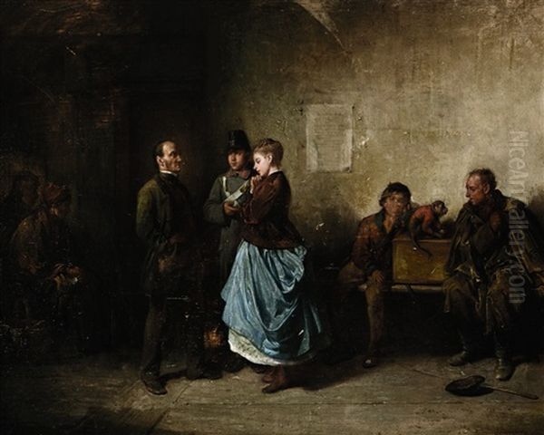 Schausteller Mit Affe In Einem Wartesaal Oil Painting by Friedrich V. Malheim Friedlaender