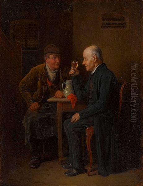 Zwei Herren Bei Einem Glas Wein Oil Painting by Friedrich V. Malheim Friedlaender