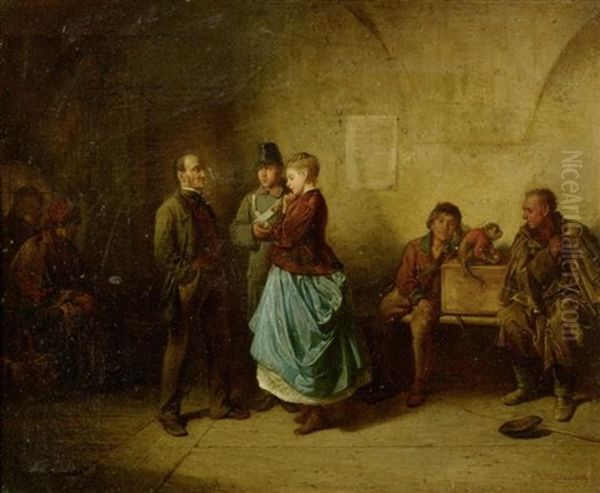 Vater Und Tochter Mit Einem Soldat In Einem Interieur Oil Painting by Friedrich V. Malheim Friedlaender