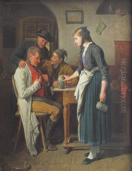 Dorfliches Wirtshaus-interieur Mit Drei Herren Oil Painting by Friedrich V. Malheim Friedlaender