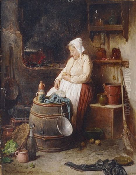 In The Kitchen Oil Painting by Friedrich V. Malheim Friedlaender