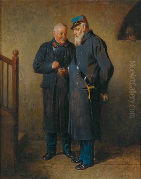 Zwei Veteranen Im Gesprach Oil Painting by Friedrich V. Malheim Friedlaender