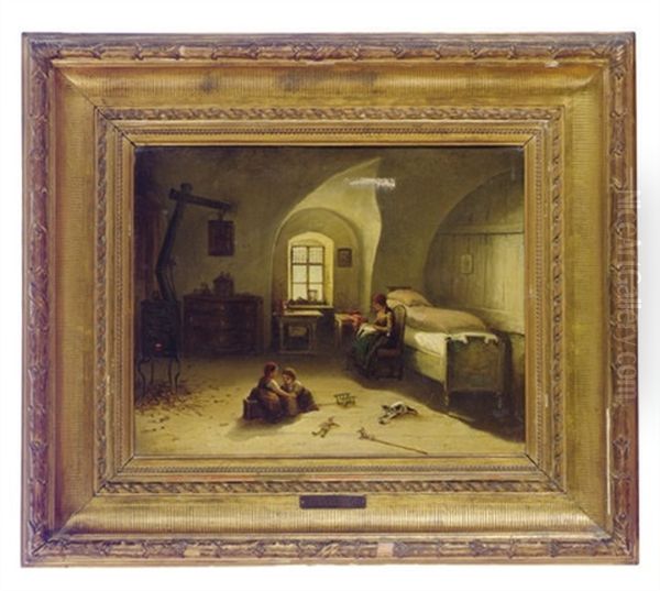 Children At Play With Their Mother And A Kitten In An Interior Oil Painting by Friedrich V. Malheim Friedlaender