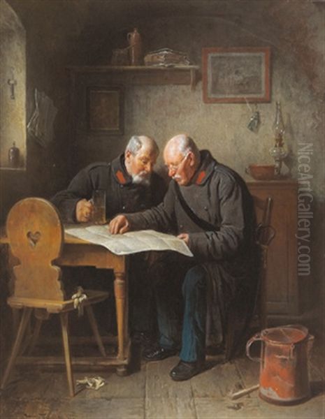 Zwei Veteranen Studieren Die Landkarte Oil Painting by Friedrich V. Malheim Friedlaender