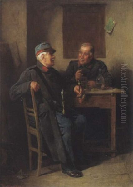 Zwei Veteranen Im Gemutlichen Gesprach Oil Painting by Friedrich V. Malheim Friedlaender