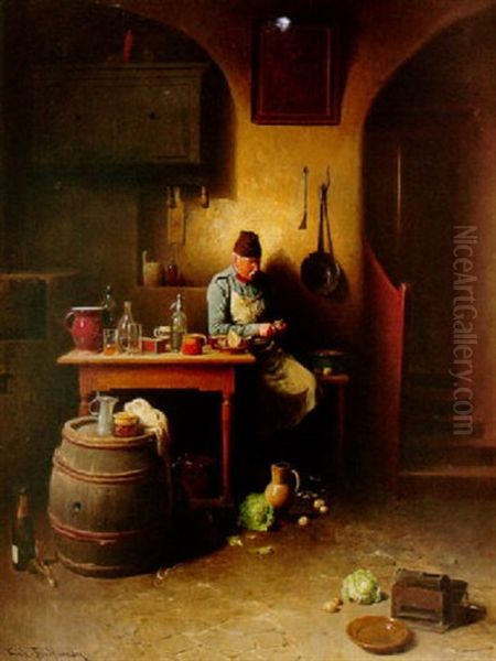 A Kitchen Interior With A Man Peeling Vegetables Oil Painting by Friedrich V. Malheim Friedlaender