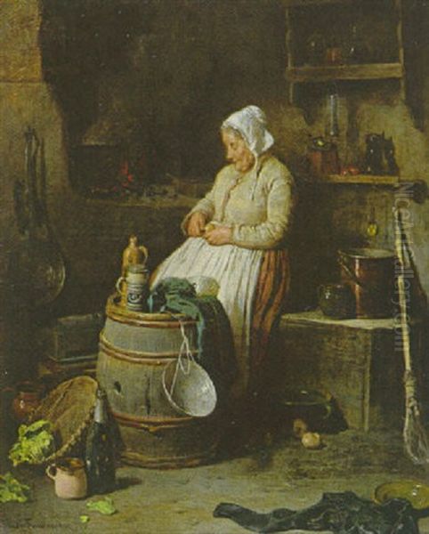 Alte Bauerin Beim Kartoffelschalen In Der Kuche Bei Der Offenen Feuerstelle Oil Painting by Friedrich V. Malheim Friedlaender