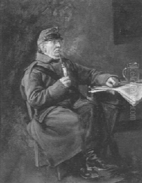 Rauchender Reservist Mit Einer Zeitung Und Einem Bierkrug Oil Painting by Friedrich V. Malheim Friedlaender