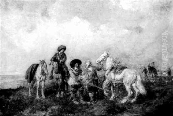 Reiter Im Gesprach Oil Painting by Friedrich V. Malheim Friedlaender