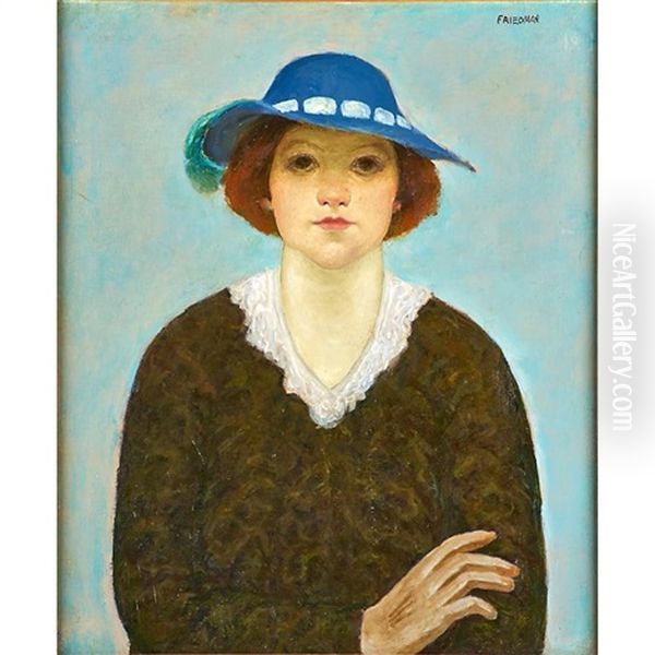 Untitled (young Woman In A Blue Hat) Oil Painting by Arnold Aaron Friedman