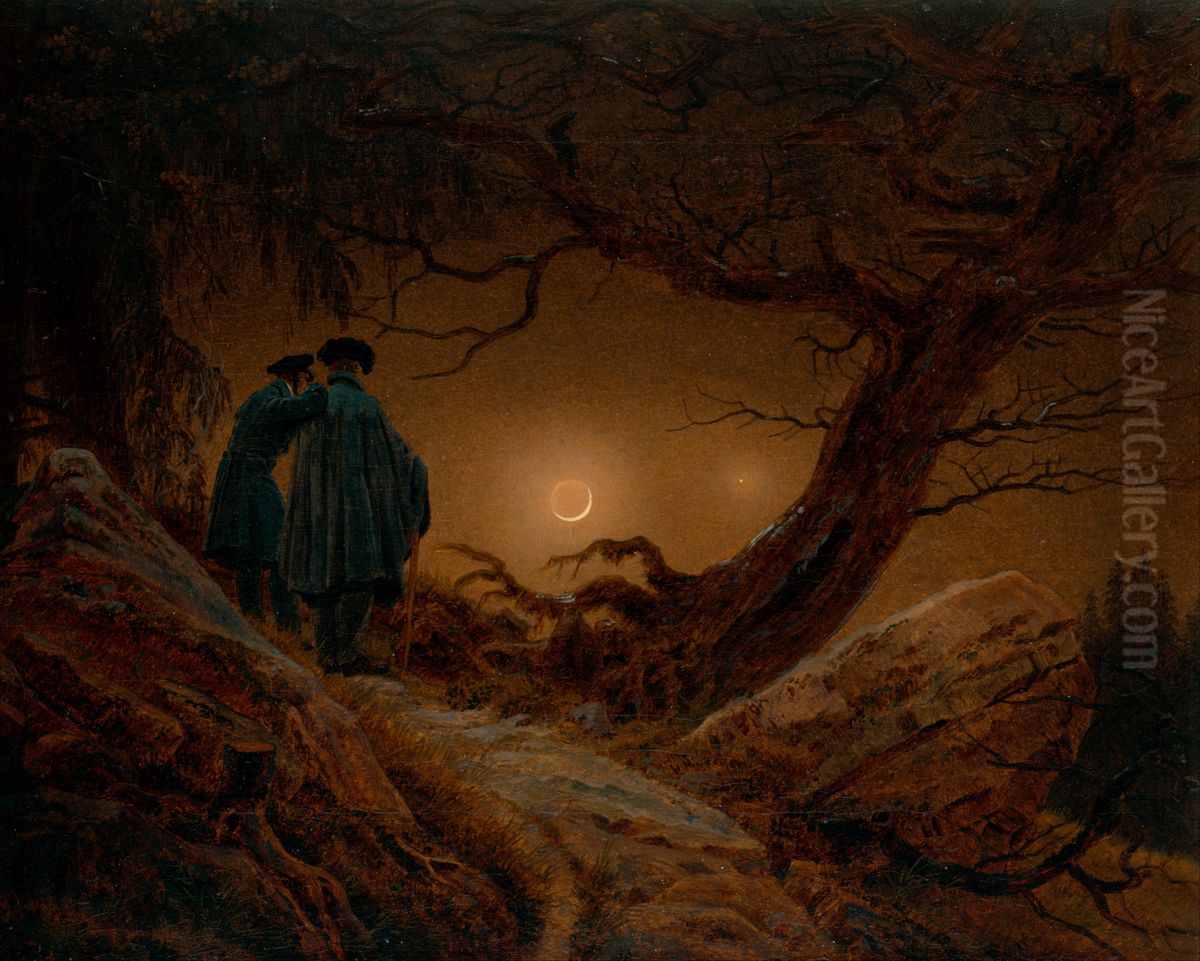 Zwei Manner In Betrachtung Des Mondes Oil Painting by Caspar David Friedrich