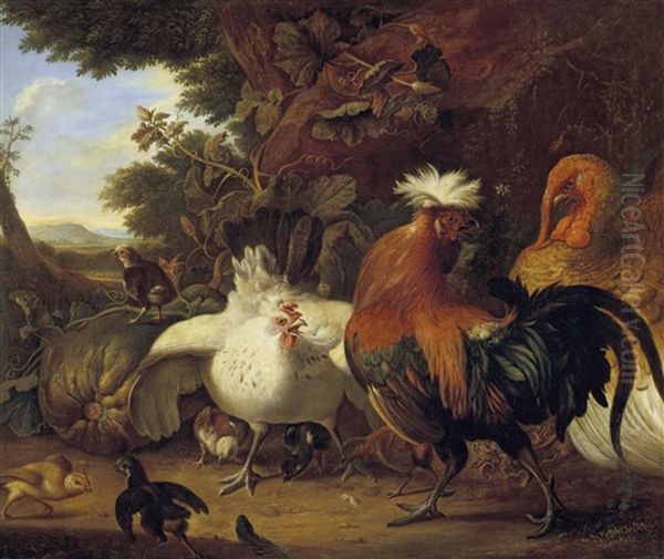 Jagdstilleben Mit Truthahn, Hahn, Henne Und Kuken Vor Landschaft Oil Painting by Johann Heinrich August Friedrich