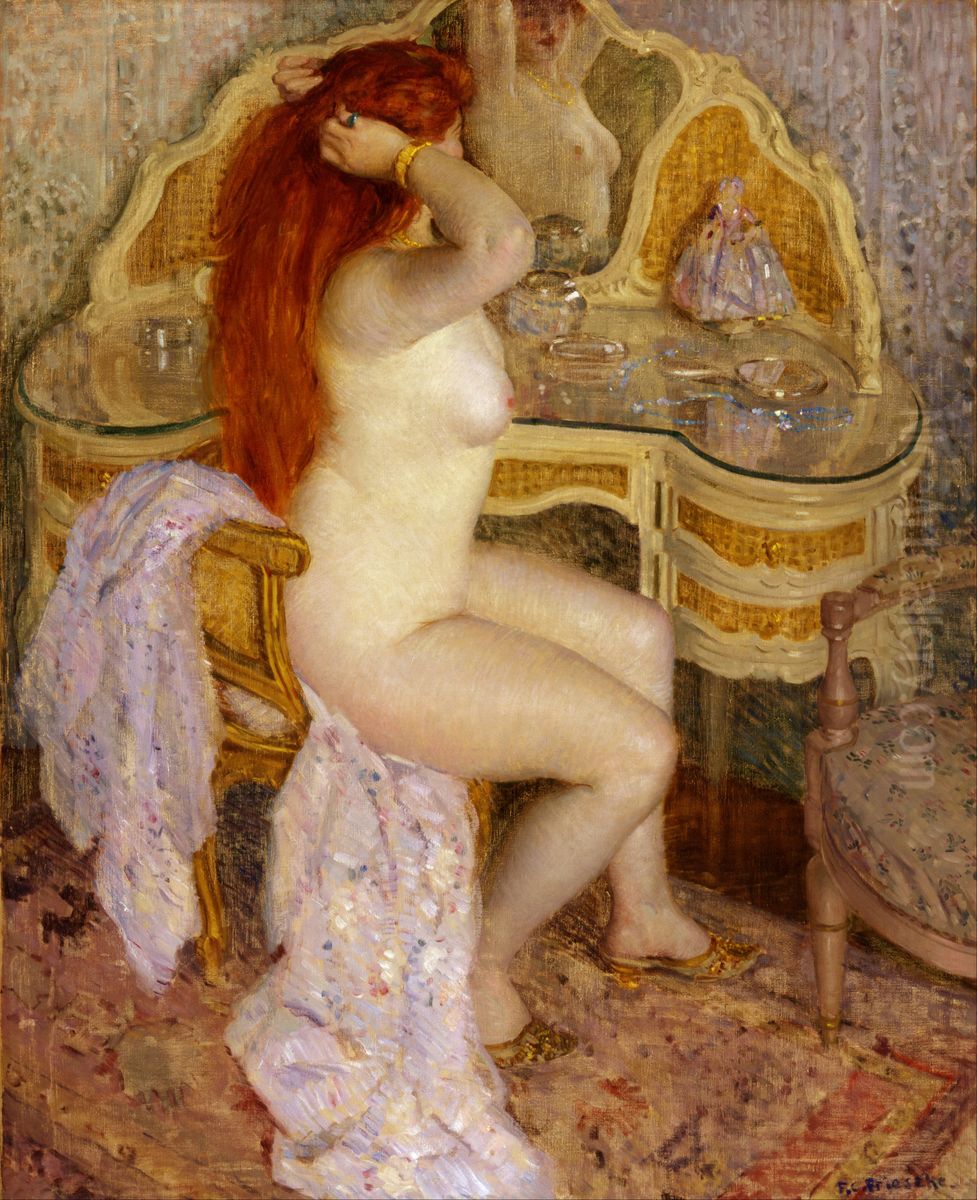 Nude Seated At Her Dressing Table Oil Painting by Frederick Carl Frieseke