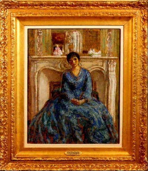 Woman In Blue Oil Painting by Frederick Carl Frieseke