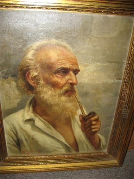 Bearded Man Smoking A Pipe Oil Painting by Raffaele Frigerio