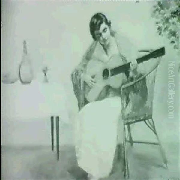 Girl With Guitar Oil Painting by Poul Friis Nybo(e)