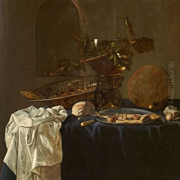 Still Life With A Rummer, Bread, And Fish Oil Painting by Jan Fris