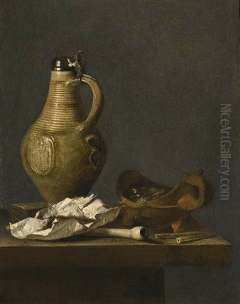Still Life With An Earthenware Jug, A Deck Of Cards And Smoking Paraphernalia Oil Painting by Jan Fris