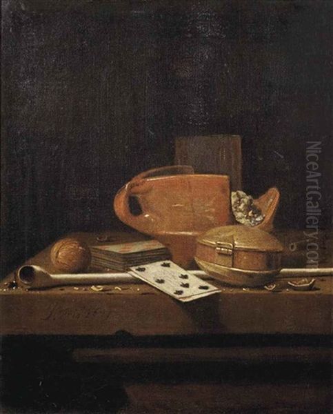 A Toebakje, A Glass, Playing Cards, A Tobacco Box, A Walnut And A Pipe, All On A Stone Ledge Oil Painting by Jan Fris