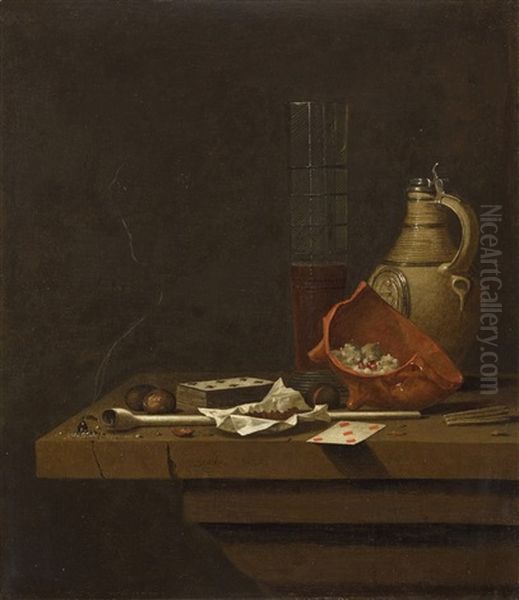 Still Life With Pipe, Little Stove And Clay Jug Oil Painting by Jan Fris