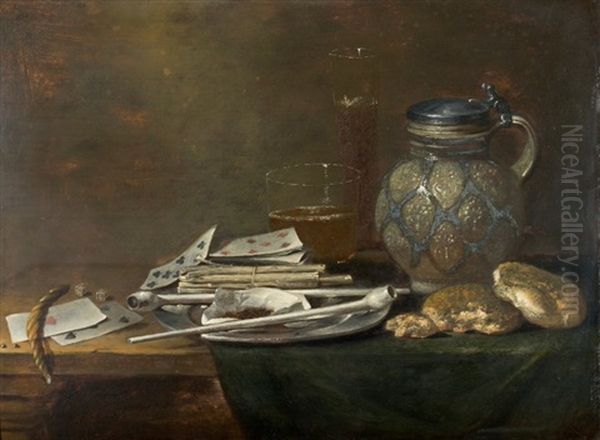Nature Morte Aux Pipes Et Cartes A Jouer Sur Un Entablement (in 2 Parts) Oil Painting by Jan Fris