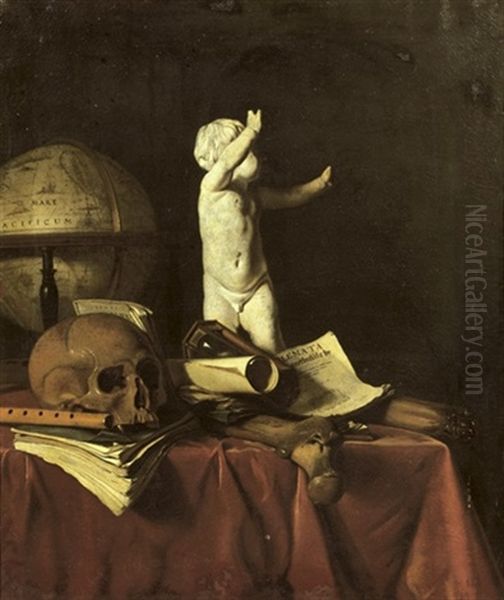 A Vanitas With A Sculpture Of A Putto, A Globe, A Skull, A Bone, An Hourglass, A Flute And Books On A Draped Table Oil Painting by Jan Fris