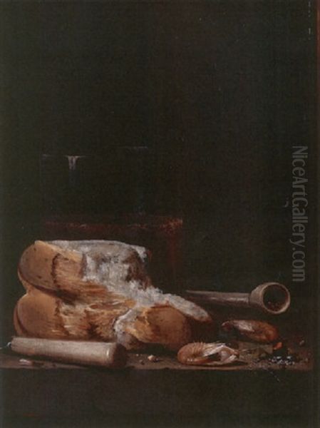 Still Life With Bread, Shrimp, A Clay Pipe And Other Objects, Resting On A Table Oil Painting by Jan Fris
